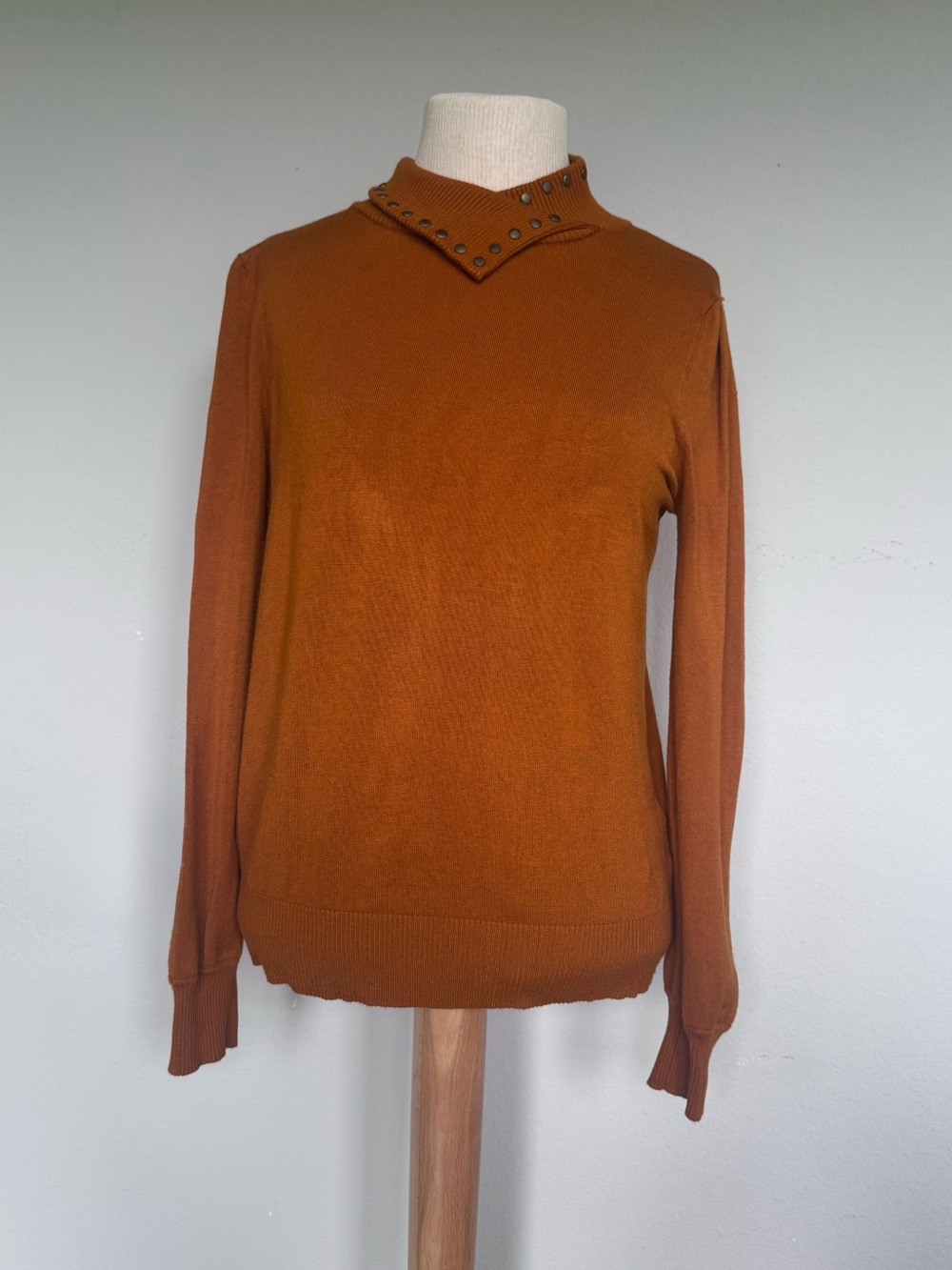 Vintage Joseph A. Asymmetric Snap Collar Sweater Burnt Orange Ochre L Y2K